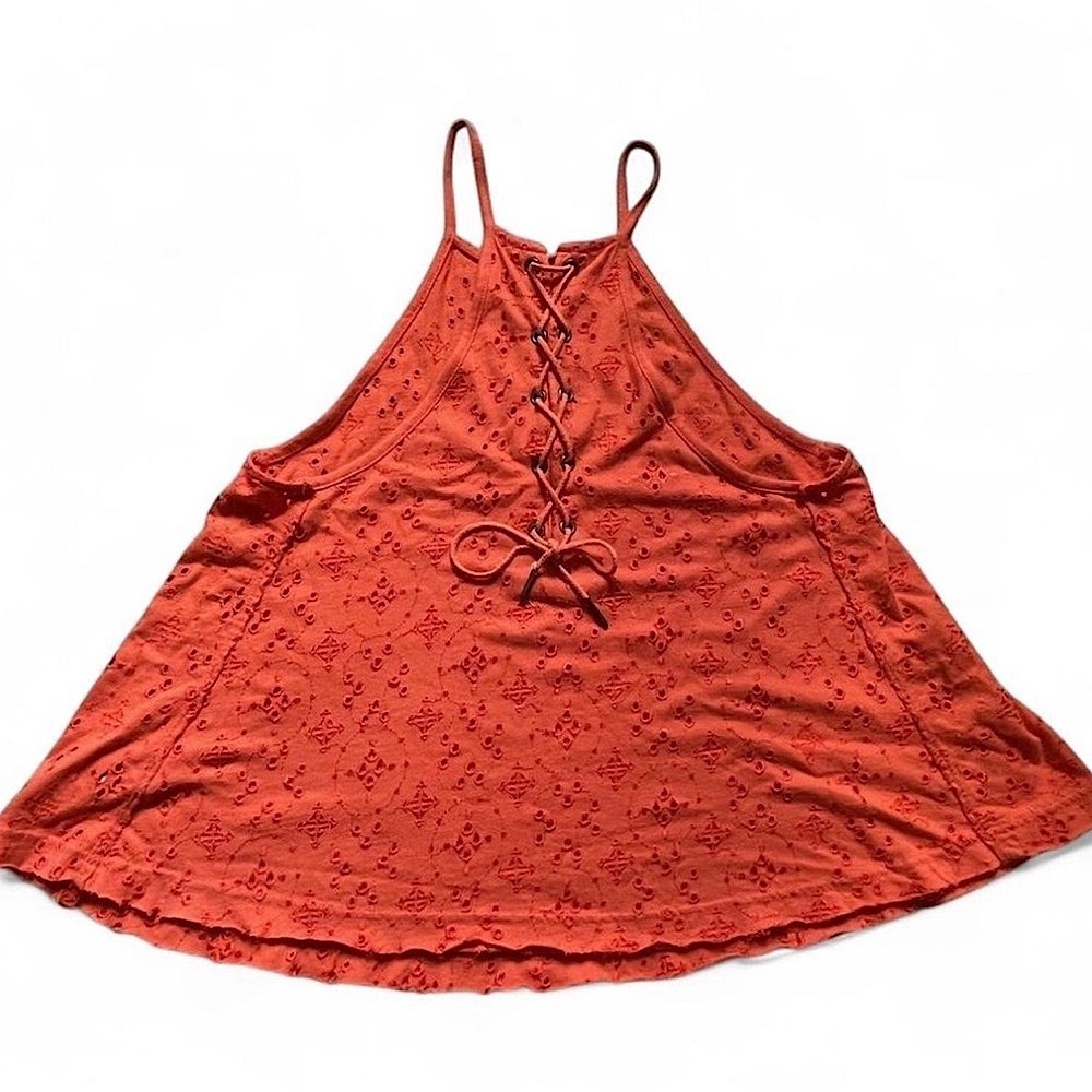 Free People Dream Date Eyelet Tank Top Sz Small Orange Boho Lace Up Back - Picture 4 of 4